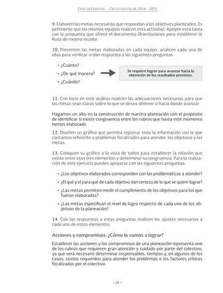 • 21 •
Fase intensiva Ciclo escolar 2014 - 2015
9. Elaboren las metas necesarias que respondan a los objetivos planteados. Es
pertinente que los mismos equipos realicen esta actividad. Apoyen esta tarea
con la propuesta que ofrece el documento Orientaciones para establecer la
Ruta de mejora escolar.
10. Presenten las metas elaboradas en cada equipo, analicen cada una de
ellas para verificar si dan respuesta a las siguientes preguntas:
•	¿Cuánto?
•	¿De qué manera?
•	¿Cuándo?
11. Con base en este análisis realicen las adecuaciones necesarias para que
las metas sean claras sobre lo que se desea obtener o hacia dónde avanzar.
Hagamos un alto en la construcción de nuestra planeación con el propósito
de identificar si existe congruencia entre los rubros que hasta este momento
hemos elaborado.
12. Diseñen un gráfico que permita registrar toda la información con la que
contamos referente a problemas focalizados para atender, los objetivos y las
metas.
13. Coloquen su gráfico a la vista de todos para establecer la relación que
existe entre esos tres elementos y determinar su congruencia. Para la realiza-
ción de este ejercicio pueden apoyarse con las siguientes preguntas:
•	¿Los objetivos elaborados corresponden con las problemáticas a atender?
•	¿El qué y el para qué de cada objetivo dan certeza de lo que se quiere lograr?
•	¿Las metas permiten medir el cumplimiento de los objetivos para los que
fueron elaboradas?
•	¿Las metas especifican el nivel de logro respecto de cada uno de los ob-
jetivos de la planeación?
14. Con las respuestas a estas preguntas realicen los ajustes necesarios a
cada uno de estos elementos.
Acciones y compromisos. ¿Cómo lo vamos a lograr?
Establecer las acciones y los compromisos de una planeación representa uno
de los rubros que requieren gran atención y cuidado por parte del colectivo,
ya que será necesario determinar responsables, tiempos y, en algunos de los
casos, costos requeridos para atender los problemas o los factores críticos
focalizados por el colectivo.
Se requiere lograr para avanzar hacia la
obtención de los resultados previstos.
 