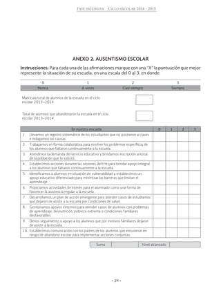 • 29 •
Fase intensiva Ciclo escolar 2014 - 2015
ANEXO 2. AUSENTISMO ESCOLAR
Instrucciones: Para cada una de las afirmaciones marque con una “X” la puntuación que mejor
represente la situación de su escuela, en una escala del 0 al 3, en donde:
0 1 2 3
Nunca A veces Casi siempre Siempre
Matrícula total de alumnos de la escuela en el ciclo
escolar 2013–2014
Total de alumnos que abandonaron la escuela en el ciclo
escolar 2013–2014
En nuestra escuela: 0 1 2 3
1.	 Llevamos un registro sistemático de los estudiantes que no asistieron a clases
e indagamos las causas.
2.	 Trabajamos en forma colaborativa para resolver los problemas específicos de
los alumnos que faltaron continuamente a la escuela.
3.	 Atendimos la demanda del servicio educativo y brindamos inscripción al total
de la población que lo solicitó.
4.	 Establecimos acciones durante las sesiones del cte para brindar apoyo integral
a los alumnos que faltaron continuamente a la escuela.
5.	 Identificamos a alumnos en situación de vulnerabilidad y establecimos un
apoyo educativo diferenciado para minimizar las barreras que limitan el
aprendizaje.
6.	 Propiciamos actividades de interés para el alumnado como una forma de
favorecer la asistencia regular a la escuela.
7.	 Desarrollamos un plan de acción emergente para atender casos de estudiantes
que dejaron de asistir a la escuela por condiciones de salud.
8.	 Gestionamos apoyos externos para atender casos de alumnos con problemas
de aprendizaje, desnutrición, pobreza extrema o condiciones familiares
desfavorables.
9.	 Dimos seguimiento y apoyo a los alumnos que por motivos familiares dejaron
de asistir a la escuela.
10.	 Establecimos comunicación con los padres de los alumnos que estuvieron en
riesgo de abandono escolar para implementar acciones conjuntas.
Suma Nivel alcanzado
 