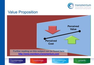 Value Proposition 
Perceived 
Value 
Perceived 
Cost 
Further reading on this subject can be found here 
http://www.members.transmentum.com 
 