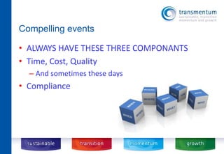 Compelling events 
• ALWAYS HAVE THESE THREE COMPONANTS 
• Time, Cost, Quality 
– And sometimes these days 
• Compliance 
 