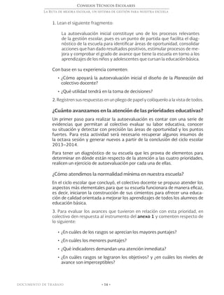 Consejos Técnicos Escolares
La Ruta de mejora escolar, un sistema de gestión para nuestra escuela
• 14 •documento de trabajo
1. Lean el siguiente fragmento:
La autoevaluación inicial constituye uno de los procesos relevantes
de la gestión escolar, pues es un punto de partida que facilita el diag-
nóstico de la escuela para identificar áreas de oportunidad, consolidar
acciones que han dado resultados positivos, estimular procesos de me-
jora y comprobar el grado de avance que tiene la escuela en torno a los
aprendizajes de los niños y adolescentes que cursan la educación básica.
Con base en su experiencia comenten:
•	¿Cómo apoyará la autoevaluación inicial el diseño de la Planeación del
colectivo docente?
•	¿Qué utilidad tendrá en la toma de decisiones?
2. Registren sus respuestas en un pliego de papel y colóquenlo a la vista de todos.
¿Cuánto avanzamos en la atención de las prioridades educativas?
Un primer paso para realizar la autoevaluación es contar con una serie de
evidencias que permitan al colectivo evaluar su labor educativa, conocer
su situación y detectar con precisión las áreas de oportunidad y los puntos
fuertes. Para esta actividad será necesario recuperar algunos insumos de
la octava sesión y generar nuevos a partir de la conclusión del ciclo escolar
2013–2014.
Para tener un diagnóstico de su escuela que les provea de elementos para
determinar en dónde están respecto de la atención a las cuatro prioridades,
realicen un ejercicio de autoevaluación por cada una de ellas.
¿Cómo atendimos la normalidad mínima en nuestra escuela?
En el ciclo escolar que concluyó, el colectivo docente se propuso atender los
aspectos más elementales para que su escuela funcionara de manera eficaz,
es decir, iniciaron la construcción de sus cimientos para ofrecer una educa-
ción de calidad orientada a mejorar los aprendizajes de todos los alumnos de
educación básica.
3. Para evaluar los avances que tuvieron en relación con esta prioridad, en
colectivo den respuesta al instrumento del anexo 1 y comenten respecto de
lo siguiente:
•	¿En cuáles de los rasgos se aprecian los mayores puntajes?
•	¿En cuáles los menores puntajes?
•	¿Qué indicadores demandan una atención inmediata?
•	¿En cuáles rasgos se lograron los objetivos? y ¿en cuáles los niveles de
avance son imperceptibles?
 