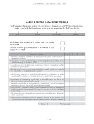 • 29 •
Fase intensiva Ciclo escolar 2014 - 2015
ANEXO 2. REZAGO Y ABANDONO ESCOLAR
Instrucciones: Para cada una de las afirmaciones marque con una “X” la puntuación que
mejor represente la situación de su escuela, en una escala del 0 al 3, en donde:
0 1 2 3
Nunca A veces Casi siempre Siempre
Matrícula total de alumnos de la escuela en el ciclo escolar
2013–2014
Total de alumnos que abandonaron la escuela en el ciclo
escolar 2013–2014
En nuestra escuela: 0 1 2 3
1.	Llevamos un registro sistemático de los estudiantes que no asistían a clases e
indagamos las causas.
2.	Trabajamos en forma colaborativa para resolver los problemas específicos de los
alumnos en riesgo de abandono escolar.
3.	Atendimos la demanda del servicio educativo y brindamos inscripción al total de
la población que lo solicitó.
4.	Establecimos acciones durante las sesiones del cte para brindar apoyo integral a
los estudiantes en riesgo de abandono escolar.
5.	Identificamos a alumnos en situación de vulnerabilidad y establecimos un apoyo
educativo diferenciado para minimizar las barreras que limitan el aprendizaje.
6.	Propiciamos actividades de interés para el alumnado como una forma de
favorecer la asistencia regular a la escuela.
7.	Desarrollamos un plan de acción emergente para atender casos de estudiantes
que dejaron de asistir a la escuela por condiciones de salud.
8.	Gestionamos y aseguramos apoyos externos para atender casos de alumnos con
problemas de aprendizaje, desnutrición, pobreza extrema o condiciones familiares
desfavorables.
9.	Dimos seguimiento y apoyo a los alumnos que por motivos familiares dejaron de
asistir a la escuela.
10.	 Establecimos comunicación con los padres o tutores de los alumnos que
estuvieron en riesgo de abandono escolar para implementar acciones conjuntas.
Suma Nivel alcanzado
 