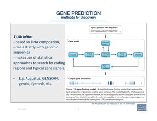 16Gene Prediction
GENE PREDICTION 
methods for discovery
1)	
  Ab	
  ini,o:	
  	
  
-­‐	
  based	
  on	
  DNA	
  composi'on,	
  	
  
-­‐	
  deals	
  strictly	
  with	
  genomic	
  
sequences	
  
-­‐	
  makes	
  use	
  of	
  sta's'cal	
  
approaches	
  to	
  search	
  for	
  coding	
  
regions	
  and	
  typical	
  gene	
  signals.	
  	
  
	
  
•  E.g.	
  Augustus,	
  GENSCAN,	
  	
  
geneid,	
  fgenesh,	
  etc.	
  
3’	
  
Nat Rev Genet. 2015 Jun;16(6):321-32. doi: 10.1038/nrg3920
 