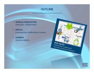 OUTLINE 
Web	
  Apollo	
  Collabora've	
  Cura'on	
  and	
  	
  
Interac've	
  Analysis	
  of	
  Genomes	
  
2OUTLINE
•  MANUAL	
  ANNOTATION	
  
necessary,	
  collabora've	
  
	
  
•  APOLLO	
  
empowering	
  collabora've	
  cura'on	
  
	
  
•  EXAMPLE	
  
demonstra'ons	
  
 
