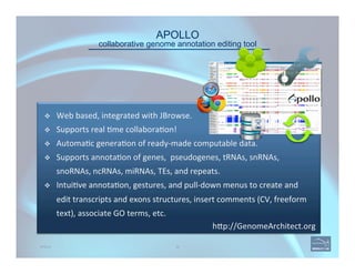 APOLLO 
collaborative genome annotation editing tool
25
v  Web	
  based,	
  integrated	
  with	
  JBrowse.	
  
v  Supports	
  real	
  'me	
  collabora'on!	
  
v  Automa'c	
  genera'on	
  of	
  ready-­‐made	
  computable	
  data.	
  	
  
v  Supports	
  annota'on	
  of	
  genes,	
  	
  pseudogenes,	
  tRNAs,	
  snRNAs,	
  
snoRNAs,	
  ncRNAs,	
  miRNAs,	
  TEs,	
  and	
  repeats.	
  
v  Intui've	
  annota'on,	
  gestures,	
  and	
  pull-­‐down	
  menus	
  to	
  create	
  and	
  
edit	
  transcripts	
  and	
  exons	
  structures,	
  insert	
  comments	
  (CV,	
  freeform	
  
text),	
  associate	
  GO	
  terms,	
  etc.	
  
APOLLO
h=p://GenomeArchitect.org	
  	
  
 