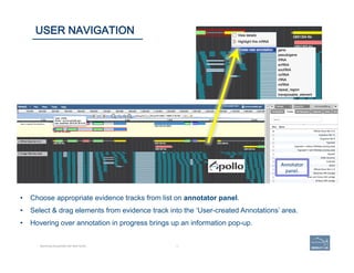 36 | 36	
Becoming Acquainted with Web Apollo.
USER NAVIGATION
Annotator	
  
panel.	
  
•  Choose appropriate evidence tracks from list on annotator panel.
•  Select & drag elements from evidence track into the ‘User-created Annotations’ area.
•  Hovering over annotation in progress brings up an information pop-up.
 