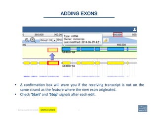 47 |
•  A	
  conﬁrma'on	
  box	
  will	
  warn	
  you	
  if	
  the	
  receiving	
  transcript	
  is	
  not	
  on	
  the	
  
same	
  strand	
  as	
  the	
  feature	
  where	
  the	
  new	
  exon	
  originated.	
  
•  Check	
  ‘Start’	
  and	
  ‘Stop’	
  signals	
  aver	
  each	
  edit.	
  
47	
ADDING EXONS
Becoming Acquainted with Web Apollo. SIMPLE CASES
 