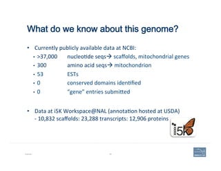 What do we know about this genome?
•  Currently	
  publicly	
  available	
  data	
  at	
  NCBI:	
  
•  >37,000	
   	
  nucleo'de	
  seqsà	
  scaﬀolds,	
  mitochondrial	
  genes	
  
•  300	
   	
  amino	
  acid	
  seqsà	
  mitochondrion	
  
•  53 	
   	
  ESTs	
  
•  0	
   	
   	
  conserved	
  domains	
  iden'ﬁed	
  
•  0 	
   	
  “gene”	
  entries	
  submi=ed	
  
	
  
•  Data	
  at	
  i5K	
  Workspace@NAL	
  (annota'on	
  hosted	
  at	
  USDA)	
  	
  
-­‐	
  10,832	
  scaﬀolds:	
  23,288	
  transcripts:	
  12,906	
  proteins	
  
Example 66
 