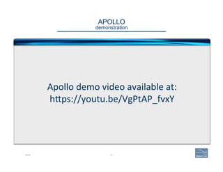 APOLLO 
demonstration
Apollo	
  demo	
  video	
  available	
  at:	
  	
  
h=ps://youtu.be/VgPtAP_fvxY	
  
DEMO 87
 