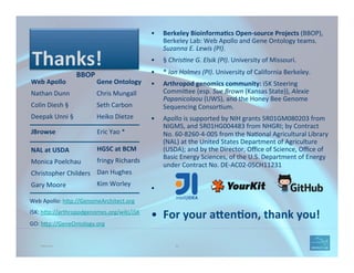 •  Berkeley	
  Bioinforma=cs	
  Open-­‐source	
  Projects	
  (BBOP),	
  
Berkeley	
  Lab:	
  Web	
  Apollo	
  and	
  Gene	
  Ontology	
  teams.	
  
Suzanna	
  E.	
  Lewis	
  (PI).	
  
•  §	
  Chris$ne	
  G.	
  Elsik	
  (PI).	
  University	
  of	
  Missouri.	
  	
  
•  *	
  Ian	
  Holmes	
  (PI).	
  University	
  of	
  California	
  Berkeley.	
  
•  Arthropod	
  genomics	
  community:	
  i5K	
  Steering	
  
Commi=ee	
  (esp.	
  Sue	
  Brown	
  (Kansas	
  State)),	
  Alexie	
  
Papanicolaou	
  (UWS),	
  and	
  the	
  Honey	
  Bee	
  Genome	
  
Sequencing	
  Consor'um.	
  
•  Apollo	
  is	
  supported	
  by	
  NIH	
  grants	
  5R01GM080203	
  from	
  
NIGMS,	
  and	
  5R01HG004483	
  from	
  NHGRI;	
  by	
  Contract	
  
No.	
  60-­‐8260-­‐4-­‐005	
  from	
  the	
  Na'onal	
  Agricultural	
  Library	
  
(NAL)	
  at	
  the	
  United	
  States	
  Department	
  of	
  Agriculture	
  
(USDA);	
  and	
  by	
  the	
  Director,	
  Oﬃce	
  of	
  Science,	
  Oﬃce	
  of	
  
Basic	
  Energy	
  Sciences,	
  of	
  the	
  U.S.	
  Department	
  of	
  Energy	
  
under	
  Contract	
  No.	
  DE-­‐AC02-­‐05CH11231	
  
•  	
  	
  
•  For	
  your	
  a^en=on,	
  thank	
  you!	
  
Thank you. 93
Web	
  Apollo	
  
Nathan	
  Dunn	
  
Colin	
  Diesh	
  §	
  
Deepak	
  Unni	
  §	
  	
  
	
  
Gene	
  Ontology	
  
Chris	
  Mungall	
  
Seth	
  Carbon	
  
Heiko	
  Dietze	
  
	
  
BBOP	
  
Web	
  Apollo:	
  h=p://GenomeArchitect.org	
  	
  
i5K:	
  h=p://arthropodgenomes.org/wiki/i5K	
  
GO:	
  h=p://GeneOntology.org	
  
Thanks!	
  
NAL	
  at	
  USDA	
  
Monica	
  Poelchau	
  
Christopher	
  Childers	
  
Gary	
  Moore	
  
HGSC	
  at	
  BCM	
  
fringy	
  Richards	
  
Dan	
  Hughes	
  
Kim	
  Worley	
  
	
  
JBrowse	
   	
   	
   	
  	
  Eric	
  Yao	
  *	
  
 