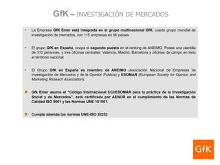 GfK – INVESTIGACIÓN DE MERCADOS
La Empresa GfK Emer está integrada en el grupo multinacional GfK, cuarto grupo mundial de
investigación de mercados, con 115 empresas en 90 países


El grupo GfK en España, ocupa el segundo puesto en el ranking de ANEIMO. Posee una plantilla
de 310 personas, y tres oficinas centrales: Valencia, Madrid, Barcelona y oficinas de campo en todo
el territorio nacional.


El Grupo GfK en España es miembro de ANEIMO (Asociación Nacional de Empresas de
Investigación de Mercados y de la Opinión Pública) y ESOMAR (European Society for Opinion and
Marketing Reseach Association).


Gfk Emer asume el “Código Internacional CCI/ESOMAR para la práctica de la Investigación
Social y de Mercados”, está certificada por AENOR en el cumplimiento de las Normas de
Calidad ISO 9001 y las Normas UNE 161001.


Cumple además las normas UNE-ISO 20252
 