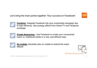 Let’s bring the main points together: Your success on Facebook!
Combine: Integrate Facebook into your crossmedia campaign ...