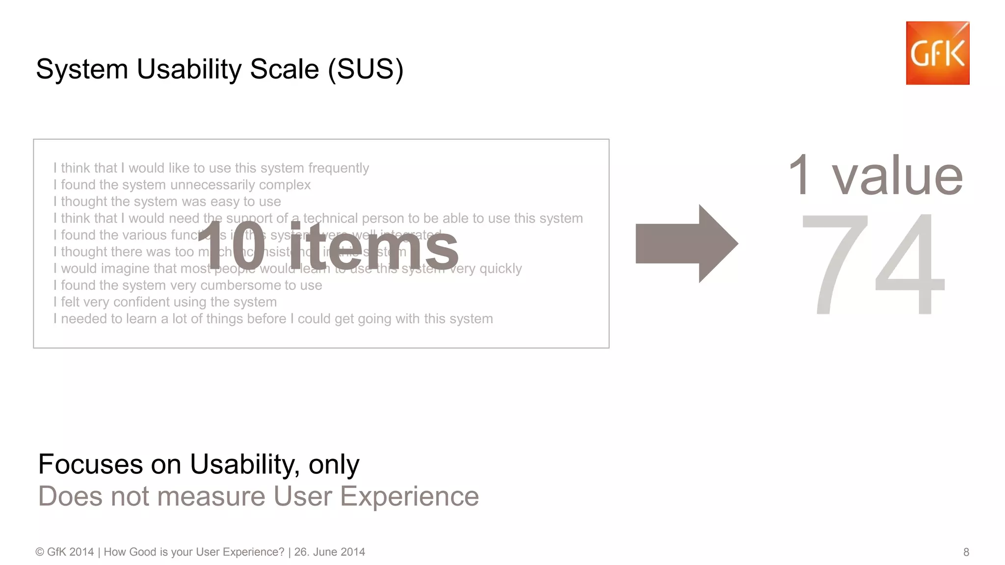 8© GfK 2014 | How Good is your User Experience? | 26. June 2014
System Usability Scale (SUS)
I think that I would like to use this system frequently
I found the system unnecessarily complex
I thought the system was easy to use
I think that I would need the support of a technical person to be able to use this system
I found the various functions in this system were well integrated
I thought there was too much inconsistency in this system
I would imagine that most people would learn to use this system very quickly
I found the system very cumbersome to use
I felt very confident using the system
I needed to learn a lot of things before I could get going with this system
10 items
74
1 value
Focuses on Usability, only
Does not measure User Experience
 