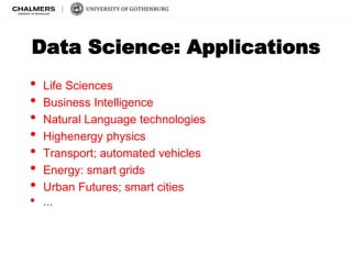 Data Science: Applications 
• Life Sciences 
• Business Intelligence 
• Natural Language technologies 
• Highenergy physics 
• Transport; automated vehicles 
• Energy: smart grids 
• Urban Futures; smart cities 
• … 
 