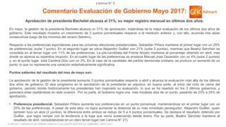 © GfK 2017 | ENCUESTA DE OPINIÓN PÚBLICA: EVALUACIÓN GESTIÓN DE GOBIERNO | MAYO 2017
Lámina N° 5
Comentario Evaluación de Gobierno Mayo 2017:
Aprobación de presidenta Bachelet alcanza al 31%, su mejor registro mensual en últimos dos años.
En mayo, la gestión de la presidenta Bachelet alcanza un 31% de aprobación, tratándose de la mejor evaluación de los últimos dos años de
gobierno. Este resultado muestra un crecimiento de 3 puntos porcentuales respecto a la medición anterior y, con ello, acumula tres alzas
consecutivas luego de los mínimos del verano (febrero).
Respecto a las preferencias espontáneas para las próximas elecciones presidenciales, Sebastián Piñera mantiene el primer lugar con un 25%
de preferencias (sube 1 punto). En el segundo lugar se ubica Alejandro Guillier con 21% (sube 2 puntos), mientras que Beatriz Sánchez se
consolida en el tercer lugar con 11% de las preferencias. La pre-candidata del Frente Amplio mantiene el porcentaje obtenido en abril, mes
donde se aprecia su repentina irrupción. En el cuarto lugar de las preferencias se emplaza Manuel José Ossandón con un 4% (sube 2 puntos)
y, en el quinto lugar, está Carolina Goic con un 3%. En el caso de la candidata del partido demócrata cristiano, se produce un aumento de un
punto, lo que no representa una variación estadísticamente significativa.
Puntos salientes del resultado del mes de mayo son:
La aprobación de la gestión de la presidenta aumenta 3 puntos porcentuales respecto a abril y alcanza la evaluación más alta de los últimos
dos años de gobierno. El alza progresiva en la aprobación de la presidenta se adjudica, en buena parte, al inicio del ciclo de cierre del
gobierno, periodo donde históricamente los presidentes han mejorado su evaluación, lo que se ha repetido en los 3 últimos gobiernos, y
pareciera estar repitiéndose en esta ocasión. Por su parte, el Gobierno logra una más modesta alza de un punto, pasando de 23% a 24% de
aprobación.
• Preferencia presidencial. Sebastián Piñera aumenta sus preferencias en un punto porcentual, manteniéndose en el primer lugar con un
25% de las preferencias. A pesar de esta alza, no logra aumentar la distancia de su más inmediato perseguidor, Alejandro Guillier, quien
también tuvo un alza (2 puntos), la diferencia entre ambos se redujo de 5 a 4 puntos porcentuales. Se destaca el resultado obtenido por
Guillier, que logra romper con la tendencia a la baja que venía sosteniendo desde enero. Por su parte, Beatriz Sánchez mantiene el
resultado de abril, consolidándose en un claro tercer lugar (ver Lámina N° 27).
 