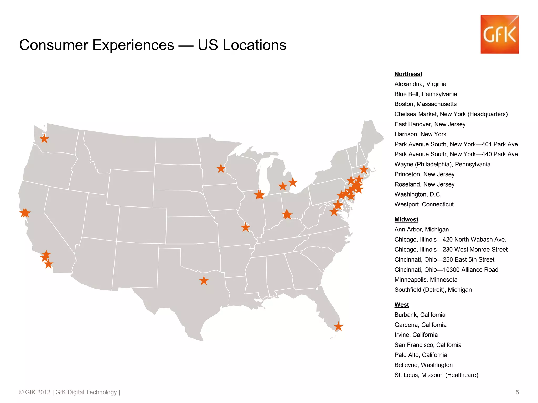 © GfK 2012 | GfK Digital Technology | 5
Consumer Experiences — US Locations
Northeast
Alexandria, Virginia
Blue Bell, Pennsylvania
Boston, Massachusetts
Chelsea Market, New York (Headquarters)
East Hanover, New Jersey
Harrison, New York
Park Avenue South, New York—401 Park Ave.
Park Avenue South, New York—440 Park Ave.
Wayne (Philadelphia), Pennsylvania
Princeton, New Jersey
Roseland, New Jersey
Washington, D.C.
Westport, Connecticut
Midwest
Ann Arbor, Michigan
Chicago, Illinois—420 North Wabash Ave.
Chicago, Illinois—230 West Monroe Street
Cincinnati, Ohio—250 East 5th Street
Cincinnati, Ohio—10300 Alliance Road
Minneapolis, Minnesota
Southfield (Detroit), Michigan
West
Burbank, California
Gardena, California
Irvine, California
San Francisco, California
Palo Alto, California
Bellevue, Washington
St. Louis, Missouri (Healthcare)
 