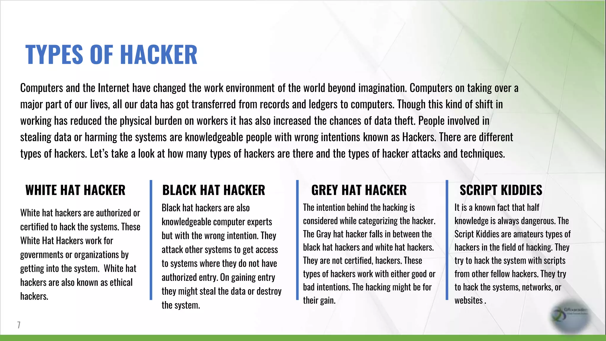 White hat hackers are authorized or
certified to hack the systems. These
White Hat Hackers work for
governments or organizations by
getting into the system. White hat
hackers are also known as ethical
hackers.
WHITE HAT HACKER
Black hat hackers are also
knowledgeable computer experts
but with the wrong intention. They
attack other systems to get access
to systems where they do not have
authorized entry. On gaining entry
they might steal the data or destroy
the system.
BLACK HAT HACKER
The intention behind the hacking is
considered while categorizing the hacker.
The Gray hat hacker falls in between the
black hat hackers and white hat hackers.
They are not certified, hackers. These
types of hackers work with either good or
bad intentions. The hacking might be for
their gain.
GREY HAT HACKER
It is a known fact that half
knowledge is always dangerous. The
Script Kiddies are amateurs types of
hackers in the field of hacking. They
try to hack the system with scripts
from other fellow hackers. They try
to hack the systems, networks, or
websites .
SCRIPT KIDDIES
7
TYPES OF HACKER
Computers and the Internet have changed the work environment of the world beyond imagination. Computers on taking over a
major part of our lives, all our data has got transferred from records and ledgers to computers. Though this kind of shift in
working has reduced the physical burden on workers it has also increased the chances of data theft. People involved in
stealing data or harming the systems are knowledgeable people with wrong intentions known as Hackers. There are different
types of hackers. Let’s take a look at how many types of hackers are there and the types of hacker attacks and techniques.
 