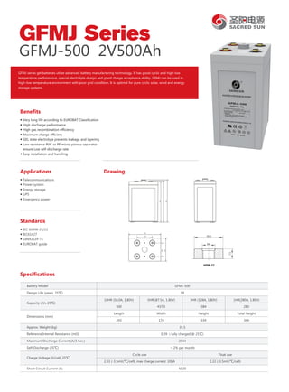 Benefits
● Very long life according to EUROBAT Classification
● High discharge performance
● High gas recombination efficiency
● Maximum charge efficienc
● GEL state electrolyte prevents leakage and layering
● Low resistance PVC or PF micro-porous separator
ensure Low self-discharge rate
● Easy installation and handling
Applications
● Telecommunications
● Power system
● Energy storage
● UPS
● Emergency power
Drawing
Specifications
GFMJ Series
GFMJ-500 2V500Ah
Standards
● IEC 60896-21/22
● IEC61427
● DIN43539-T5
● EUROBAT guide
GFMJ-500
18
10HR (50.0A, 1.80V)
500
Length
243
5HR (87.5A, 1.80V)
437.5
Width
174
3HR (128A, 1.80V)
384
Height
334
1HR(280A, 1.80V)
280
Total Height
344
35.5
0.39 ( fully charged @ 25℃)
2944
≤2% per month
5020
Cycle use
2.33 (-3.5mV/℃/cell), max charge current: 100A
Float use
2.22 (-3.5mV/℃/cell)
Battery Model
Design Life (years, 25℃)
Capacity (Ah, 25℃)
Dimensions (mm)
Approx. Weight (kg)
Reference Internal Resistance (mΩ)
Maximum Discharge Current (A/3 Sec.)
Self-Discharge (25℃)
Charge Voltage (V/cell, 25℃)
Short Circuit Current (A)
GFMJ series gel batteries utlize advanced battery manufacturing technology. It has good cyclic and high-low
temperature performance, special electrolyte design and good charge acceptance ability. GFMJ can be used in
high-low temperature environment with poor grid condition. It is optimal for pure cyclic solar, wind and energy
storage systems.
344
334
350
102
243
116
174
Φ18
M8
7.5
GFM-22
 