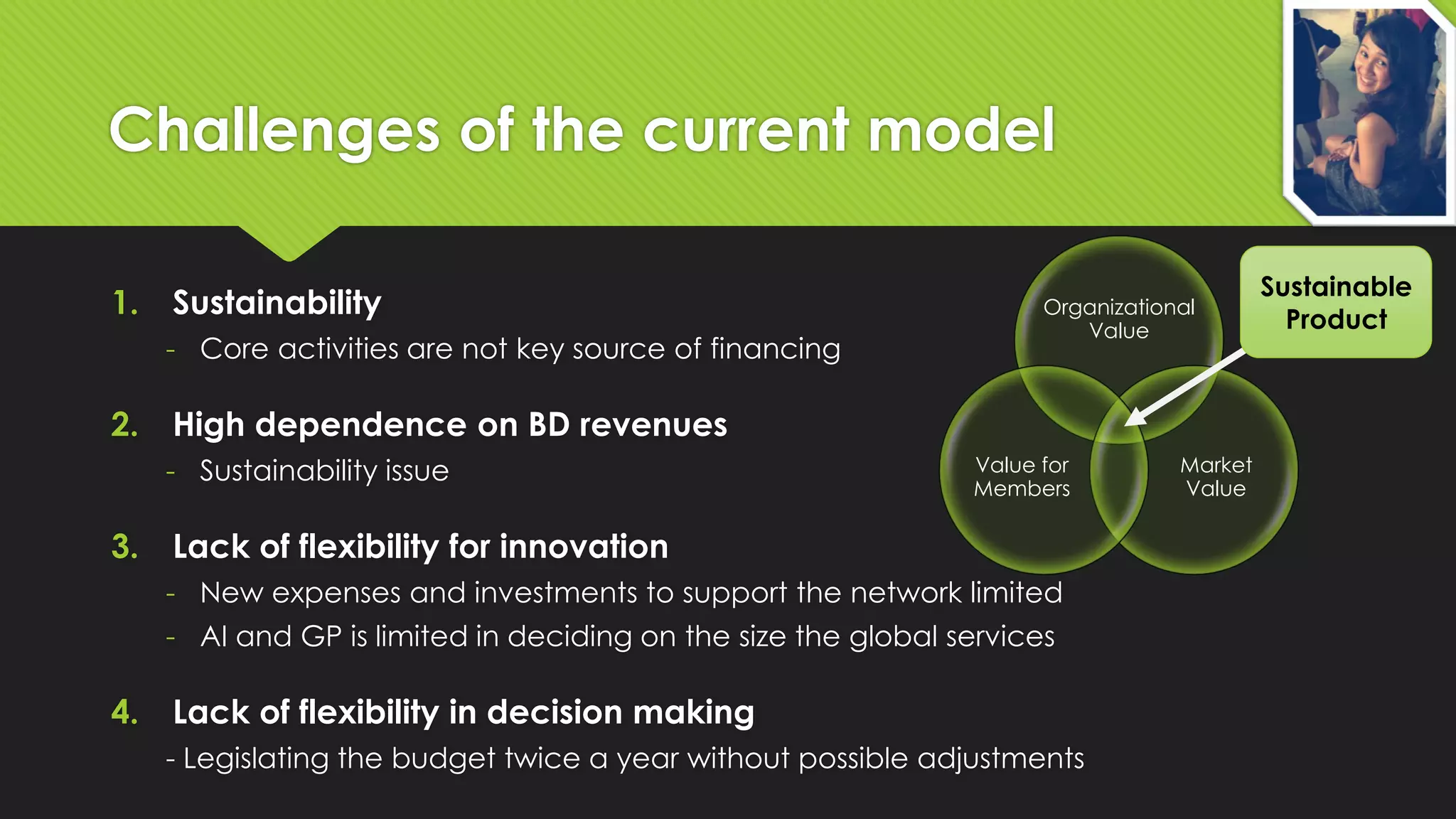 Challenges of the current model
1.

Sustainability
- Core activities are not key source of financing

2.

High dependence on BD revenues
- Sustainability issue

3.

Organizational
Value

Value for
Members

Lack of flexibility for innovation
- New expenses and investments to support the network limited
- AI and GP is limited in deciding on the size the global services

4.

Lack of flexibility in decision making
- Legislating the budget twice a year without possible adjustments

Market
Value

Sustainable
Product

 