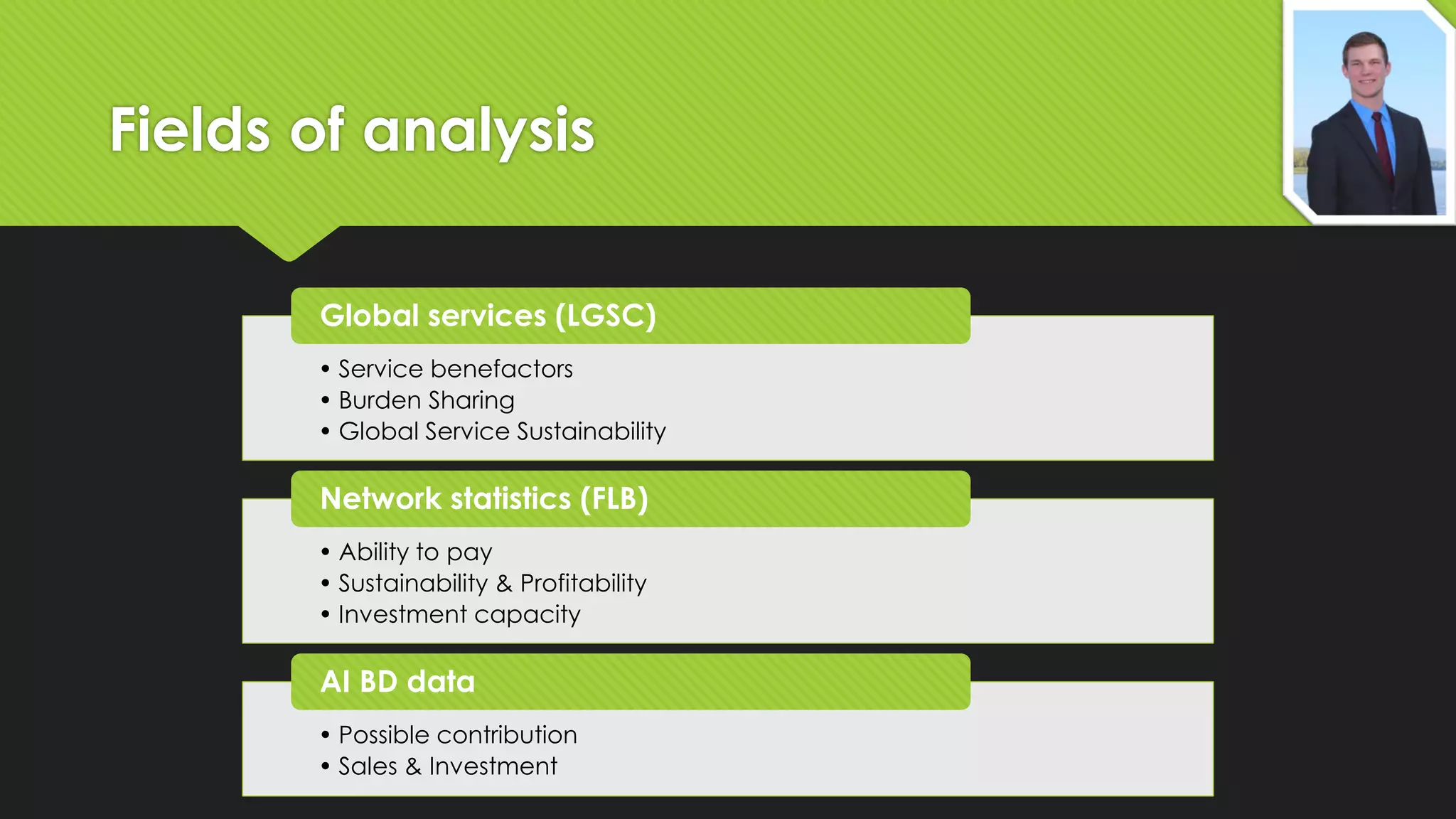 Fields of analysis
Global services (LGSC)
• Service benefactors
• Burden Sharing
• Global Service Sustainability

Network statistics (FLB)
• Ability to pay
• Sustainability & Profitability
• Investment capacity

AI BD data
• Possible contribution
• Sales & Investment

 