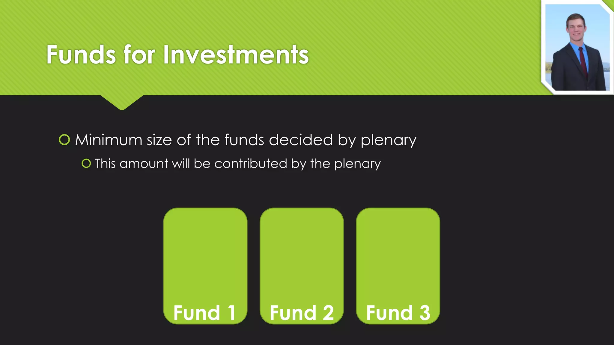 Funds for Investments
 Minimum size of the funds decided by plenary
 This amount will be contributed by the plenary

Fund 1

Fund 2

Fund 3

 