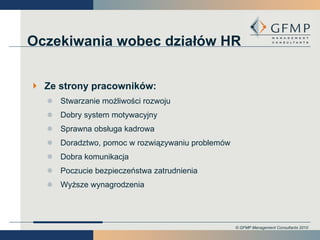 Oczekiwania wobec działów HR Ze strony pracowników: Stwarzanie możliwości rozwoju Dobry system motywacyjny Sprawna obsługa kadrowa Doradztwo, pomoc w rozwiązywaniu problemów Dobra komunikacja Poczucie bezpieczeństwa zatrudnienia Wyższe wynagrodzenia 