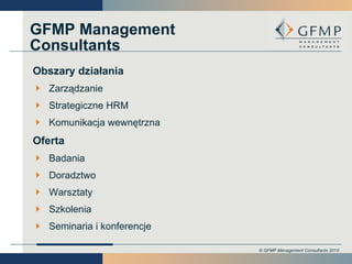 GFMP Management Consultants Obszary działania Zarządzanie Strategiczne HRM Komunikacja wewnętrzna Oferta Badania  Doradztwo  Warsztaty Szkolenia Seminaria i konferencje 