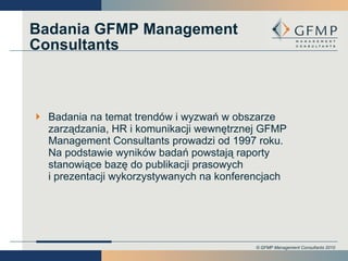 Badania GFMP Management Consultants Badania na temat trendów i wyzwań w obszarze zarządzania, HR i komunikacji wewnętrznej GFMP Management Consultants prowadzi od 1997 roku. Na podstawie wyników badań powstają raporty stanowiące bazę do publikacji prasowych i prezentacji wykorzystywanych na konferencjach 
