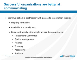 Successful organizations are better at
communicating
• Communication is best/easier with access to information that is:
• Properly formatted
• Available in a timely way
• Discussed openly with people across the organization
• Investment Committee
• Senior management
• Finance
• Treasury
• Accounting
• Auditors
www.treasurycurve.com

4
Confidential and Proprietary Information of Treasury Curve, LLC

 