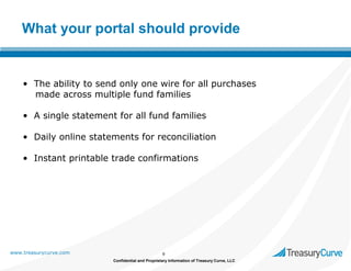 What your portal should provide

• The ability to send only one wire for all purchases
made across multiple fund families
• A single statement for all fund families
• Daily online statements for reconciliation
• Instant printable trade confirmations

www.treasurycurve.com

9
Confidential and Proprietary Information of Treasury Curve, LLC

 