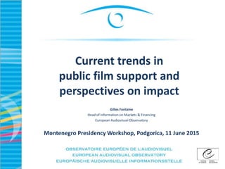 Current trends in
public film support and
perspectives on impact
Gilles Fontaine
Head of Information on Markets & Financing
European Audiovisual Observatory
Montenegro Presidency Workshop, Podgorica, 11 June 2015
 