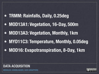 DATA ACQUISITION
MODULES: DOWNLOADER, DATA WRAPPERS
TRMM: Rainfalls, Daily, 0.25deg
MOD13A1: Vegetation, 16-Day, 500m
MOD13A3: Vegetation, Monthly, 1km
MYD11C3: Temperature, Monthly, 0.05deg
MOD16: Evapotranspiration, 8-Day, 1km
 