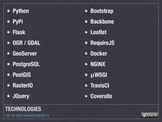 TECHNOLOGIES
LIST OF OPEN SOURCE PROJECTS
Python
PyPi
Flask
OGR / GDAL
GeoServer
PostgreSQL
PostGIS
RasterIO
JQuery
Bootstrap
Backbone
Leaﬂet
RequireJS
Docker
NGINX
μWSGI
TravisCI
Coveralls
 