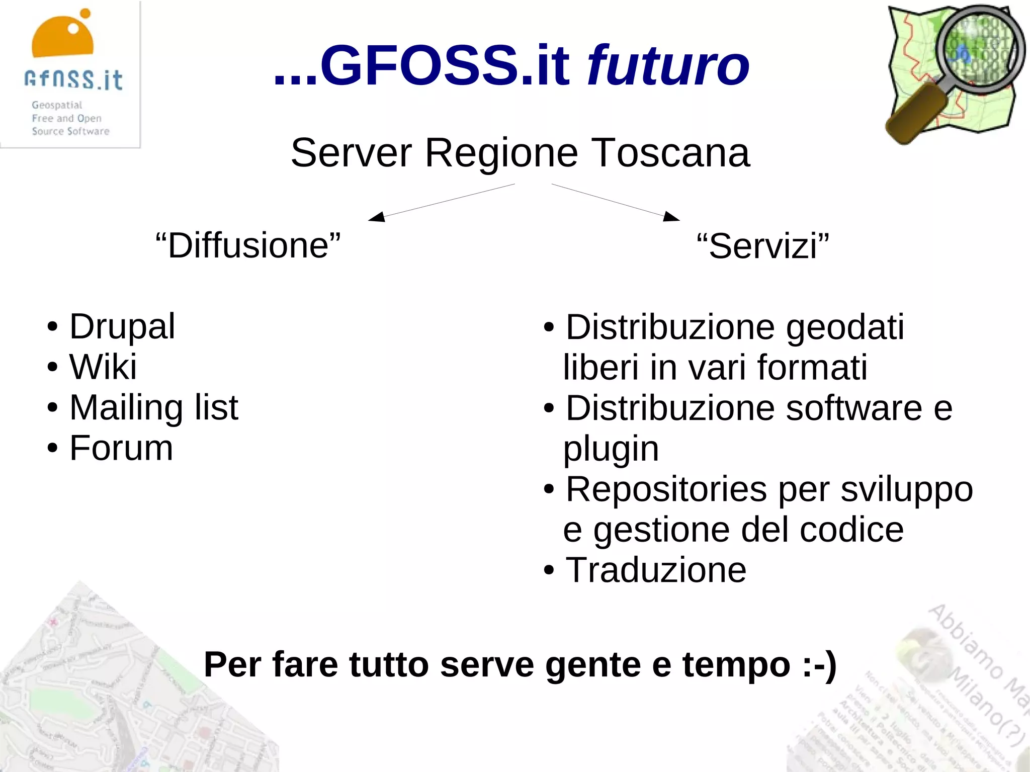 ...GFOSS.it futuro
                 Server Regione Toscana

       “Diffusione”                     “Servizi”

● Drupal                       ● Distribuzione geodati
● Wiki
                                 liberi in vari formati
● Mailing list                 ● Distribuzione software e

● Forum
                                 plugin
                               ● Repositories per sviluppo

                                 e gestione del codice
                               ● Traduzione




           Per fare tutto serve gente e tempo :-)
 