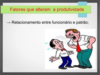 Fatores que alteram a produtividade 
→ Relacionamento entre funcionário e patrão; 
 
