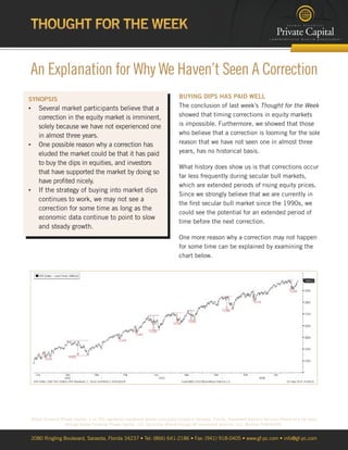 THOUGHT FOR THE WEEK 
An Explanation for Why We Haven’t Seen A Correction 
SYNOPSIS 
• Several market participants believe that a 
correction in the equity market is imminent, 
solely because we have not experienced one 
in almost three years. 
• One possible reason why a correction has 
eluded the market could be that it has paid 
to buy the dips in equities, and investors 
that have supported the market by doing so 
have profited nicely. 
• If the strategy of buying into market dips 
continues to work, we may not see a 
correction for some time as long as the 
economic data continue to point to slow 
and steady growth. 
BUYING DIPS HAS PAID WELL 
The conclusion of last week’s Thought for the Week 
showed that timing corrections in equity markets 
is impossible. Furthermore, we showed that those 
who believe that a correction is looming for the sole 
reason that we have not seen one in almost three 
years, has no historical basis. 
What history does show us is that corrections occur 
far less frequently during secular bull markets, 
which are extended periods of rising equity prices. 
Since we strongly believe that we are currently in 
the first secular bull market since the 1990s, we 
could see the potential for an extended period of 
time before the next correction. 
One more reason why a correction may not happen 
for some time can be explained by examining the 
chart below. 
Global Financial Private Capital, is an SEC registered investment adviser principally located in Sarasota, Florida. Investment Advisory Services offered on a fee basis 
through Global Financial Private Capital, LLC. Securities offered through GF Investment Services, LLC, Member FINRA/SIPC. 
2080 Ringling Boulevard, Sarasota, Florida 34237 • Tel: (866) 641-2186 • Fax: (941) 918-0405 • www.gf-pc.com • info@gf-pc.com 
 