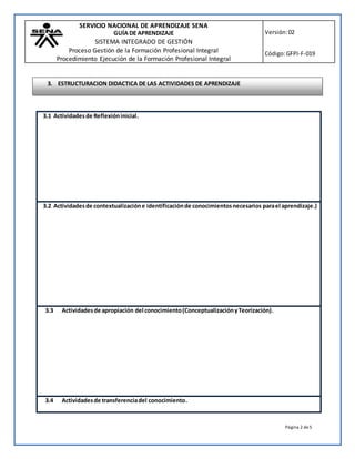 SERVICIO NACIONAL DE APRENDIZAJE SENA
GUÍA DE APRENDIZAJE
SISTEMA INTEGRADO DE GESTIÓN
Proceso Gestión de la Formación Profesional Integral
Procedimiento Ejecución de la Formación Profesional Integral
Versión:02
Código:GFPI-F-019
Página 2 de5
3.1 Actividadesde Reflexióninicial.
3.2 Actividadesde contextualizacióne identificaciónde conocimientosnecesarios parael aprendizaje.)
3.3 Actividadesde apropiación del conocimiento(ConceptualizaciónyTeorización).
3.4 Actividadesde transferenciadel conocimiento.
3. ESTRUCTURACION DIDACTICA DE LAS ACTIVIDADES DE APRENDIZAJE
 