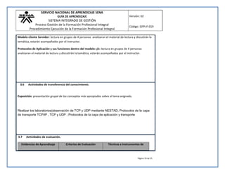 SERVICIO NACIONAL DE APRENDIZAJE SENA 
GUÍA DE APRENDIZAJE 
SISTEMA INTEGRADO DE GESTIÓN 
Proceso Gestión de la Formación Profesional Integral 
Procedimiento Ejecución de la Formación Profesional Integral 
Versión: 02 
Código: GFPI-F-019 
Modelo cliente Servidor: lectura en grupos de 4 personas analizaran el material de lectura y discutirán la 
temática, estarán acompañados por el instructor. 
Protocolos de Aplicación y sus funciones dentro del modelo c/s: lectura en grupos de 4 personas 
analizaran el material de lectura y discutirán la temática, estarán acompañados por el instructor. 
Página 19 de 35 
3.6 Actividades de transferencia del conocimiento. 
Exposición: presentación grupal de los conceptos más apropiados sobre el tema asignado. 
Realizar los laboratorios(observación de TCP y UDP mediante NESTAD, Protocolos de la capa 
de transporte TCP/IP , TCP y UDP ; Protocolos de la capa de aplicación y transporte 
3.7 Actividades de evaluación. 
Evidencias de Aprendizaje Criterios de Evaluación Técnicas e Instrumentos de 
 