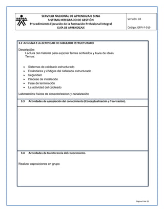 SERVICIO NACIONAL DE APRENDIZAJE SENA 
SISTEMA INTEGRADO DE GESTIÓN 
Procedimiento Ejecución de la Formación Profesional Integral 
GUÍA DE APRENDIZAJE 
Versión: 02 
Código: GFPI-F-019 
Página 8 de 35 
3.2 Actividad 2 LA ACTIVIDAD DE CABLEADO ESTRUCTURADO 
Descripción: 
Lectura del material para exponer temas sorteados y lluvia de ideas 
Temas: 
 Sistemas de cableado estructurado 
 Estándares y códigos del cableado estructurado 
 Seguridad 
 Proceso de instalación 
 Fase de terminación 
 La actividad del cableado 
Laboratorios físicos de conectorizacion y canalización 
3.3 Actividades de apropiación del conocimiento (Conceptualización y Teorización). 
3.4 Actividades de transferencia del conocimiento. 
Realizar exposiciones en grupo 
 