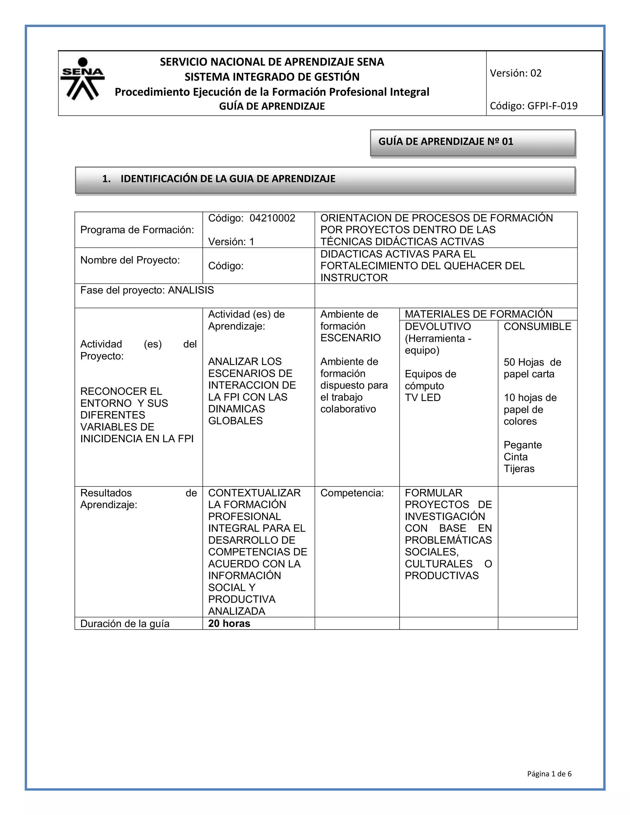 Gfpi f-019 guia de aprendizaje 01 tda orientar fpi | PDF