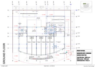 LVL +150MM
LVL +950MM
LVL +150MM
LVL ±00MM
LVL ±00MM
LVL +1050MM
LVL +1050MM LVL +400MM
LVL +300MM
LVL +300MM
LVL +1050MM
FIRE SAFETY
SHAFT
2100 X 1200
UP
11
12
13
14
-16
1
0 2 3 4 5 6 7 8 9
-15
10
DN
-17
-18
-19
-20
-21
-22
-23
-24
-25
-26
CUTOUT
UP
DN
FIRE SAFETY
SHAFT
2100 X 1200
KEY PLAN
GROUND
FLOOR
PLUMBING
SHAFT
OFFICE
FOYER
CUTOUT ABOVE
26'-9"X14'-4"
ELEC. SHAFT
TOILET
5'0"X 6'6"
PLUMBING
SHAFT
TOILET
5'0"X 7'7"
PLUMBING
SHAFT
HOTEL FOYER
56'0" X 29'2"
ABOVE CUT-OUT
SHOWROOM -8
33'4"X 61'7"
SHOWROOM -7
13'0"X 55'4"
SHOWROOM -6
13'0"X 58'4"
SHOWROOM -5
14'6"X 60'0"
SHOWROOM - 4
14'6"X 60'9"
SHOWROOM - 3
14'6"X 60'0"
SHOWROOM - 2
14'6"X 58'0"
FOYER
6'10"X 14'0"
TOILET
6'9"X 6'3"
LADIES/GENTS
TOILET
7'6"x 12'6"
TOILET
3'4"x 3'0"
TOILET
3'4"x 3'0"
TOILET
3'4"x 3'0"
TOILET
3'4"x 3'0"
6.0 MT WIDE RAMP DOWN TO 1ST BASEMENT
ELEC.
SHAFT
PLU.
SHAFT
OFFICE LIFT
6'7"X6'7"
EXHAUST AIR
WATER BODY
4500.0
LOADING & UNLOADING
34'0"x 12'6"
BORE WELL LOCATION
PROPOSED
4000
5109
4921
2867
5'-2" WIDE PASSAGE
7'-3" WIDE
PASSAGE
TOILET
5'0"X 7'7"
TOILET
5'0"X 7'7"
TOILET
5'0"X 7'7" TOILET
5'0"X 7'7"
TOILET
5'0"X 7'7"
7'-3" WIDE
PASSAGE
LINEN SHAFT
6'10"X3'0"
SERVICE SHAFT
6'10"X2'3"
CUTOUT
GUEST
LIFT-01
2000X2000
SERVICE
LIFT-01
2000X2100
OFFICE
LIFT-01
2000X2000
OFFICE
LIFT-02
2000X2000
RISER-27
TREAD-26
BM
1
2
3
4
5
6
7
8
BM
A
B
C
D
E
F
6300 7696 9375 9375
1145
6555 10375 6225
6300 44521 (C/C) 6225
6000 (C/O) 45046 (O/O) 6000 (O/C)
6225
10490
5955
3155
7570
3900
6225
31070
(C/C)
6948
6948
6000
(O/C)
31745
(O/O)
0.000
+6.225
+16.600
+23.155
+24.300
+23675
+43050
+50746
+57.046
0.000
+6.225
+16.715
+22.670
+25.825
+33.395
+37.295
SUB-STATION AS
PER DETAIL
CIRCULAR COLUMN
(DIA. 450MM) IN M.S.
CIRCULAR COLUMN
(DIA. 450MM) IN M.S.
RISER-27
TRADE-26
EDGE OF
PROJECTION
ABOVE
EDGE OF
PROJECTION
ABOVE
FABRICATED
ROOF ABOVE
1
1
2
2
3
3
SERVICE
SHAFT
GUEST
LIFT-01
2000X2000
GUEST
LIFT-02
2000X2000
SERVICE
LIFT-02
2000X2100
SERVICE
LIFT-01
2000X2100
OFFICE
LIFT-01
2000X2000
OFFICE
LIFT-02
2000X2000
CUT-OUT IN
FLOOR
2000 X 500
CUT-OUT IN
FLOOR
NAKSHATRA HOTEL- SARGASAN
GROUND FLOOR PLAN
PROJECT DETAILS:
Total Plot Area - 2889 sq. m
Built up area - 1345 sq.m
Landscape Area - 20 sq. m
Neel Shah | UCT20102 Faculty of Technology
CT3009: MEPF
 