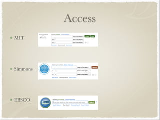 Access
MIT!
!
!
Simmons!
!
!
EBSCO
 