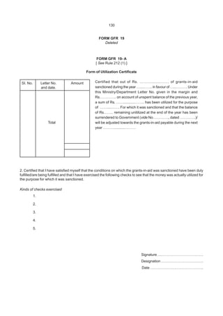 130
FORM GFR 19
Deleted
FORM GFR 19- A
[ See Rule 212 (1) ]
Form of Utilization Certificate
SI. No. Letter No. Amount
and date.
Total
2. Certified that I have satisfied myself that the conditions on which the grants-in-aid was sanctioned have been duly
fulfilled/are being fulfilled and that I have exercised the following checks to see that the money was actually utilized for
the purpose for which it was sanctioned.
Kinds of checks exercised
1.
2.
3.
4.
5.
Signature ….…………………………….
Designation ……………………………..
Date ……………………………………..
Certified that out of Rs. ………........……. of grants-in-aid
sanctioned during the year …...…….. in favour of …..………. Under
this Ministry/Department Letter No. given in the margin and
Rs………….. on account of unspent balance of the previous year,
a sum of Rs. ……...........…….. has been utilized for the purpose
of ……....……. For which it was sanctioned and that the balance
of Rs…….. remaining unitilized at the end of the year has been
surrendered to Government (vide No…………., dated ………….)/
will be adjusted towards the grants-in-aid payable during the next
year ………...........………
 