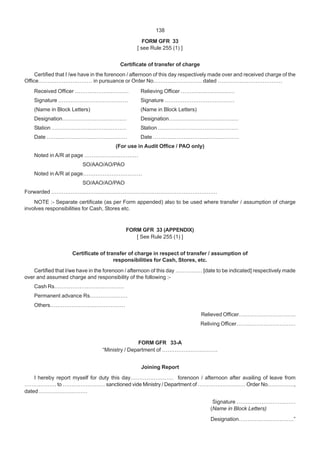 138
FORM GFR 33
[ see Rule 255 (1) ]
Certificate of transfer of charge
Certified that I /we have in the forenoon / afternoon of this day respectively made over and received charge of the
Office………………………… in pursuance or Order No……………………… dated ………………………………
Received Officer ………………………… Relieving Officer …………………………
Signature ………………………………… Signature …………………………………
(Name in Block Letters) (Name in Block Letters)
Designation……………………………… Designation…………………………………
Station …………………………………… Station ………………………………………
Date ……………………………………… Date …………………………………………
(For use in Audit Office / PAO only)
Noted in A/R at page …………………………
SO/AAO/AO/PAO
Noted in A/R at page……………………………
SO/AAO/AO/PAO
Forwarded …………………………………………………………………………………
NOTE :- Separate certificate (as per Form appended) also to be used where transfer / assumption of charge
involves responsibilities for Cash, Stores etc.
FORM GFR 33 (APPENDIX)
[ See Rule 255 (1) ]
Certificate of transfer of charge in respect of transfer / assumption of
responsibilities for Cash, Stores, etc.
Certified that I/we have in the forenoon / afternoon of this day …………… [date to be indicated] respectively made
over and assumed charge and responsibility of the following :-
Cash Rs…………………………………
Permanent advance Rs…………………
Others……………………………………
Relieved Officer…………………………..
Reliving Officer……………………………
FORM GFR 33-A
“Ministry / Department of ………………………….
Joining Report
I hereby report myself for duty this day…………………… forenoon / afternoon after availing of leave from
……………… to …………………… sanctioned vide Ministry / Department of ……………………… Order No……………,
dated ………………………
Signature ……………………………
(Name in Block Letters)
Designation………………………….”
 
