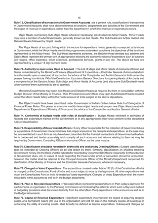 16
Rule 72. Classification of transactions in Government Accounts : As a general rule, classification of transactions
in Government Accounts, shall have closer reference to functions, programmes and activities of the Government and
the object of revenue or expenditure, rather than the department in which the revenue or expenditure occurs.
Major Heads (comprising Sub-Major Heads wherever necessary) are divided into Minor Heads. Minor Heads
may have a number of subordinate heads, generally known as Sub Heads. The Sub Heads are further divided into
Detailed Heads followed by Object Heads.
The Major Heads of account, falling within the sectors for expenditure heads, generally correspond to functions
of Government, while the Minor Heads identify the programmes undertaken to achieve the objectives of the functions
represented by the Major Head. The Sub Head represents schemes, the Detailed Head denotes sub scheme and
Object Head represent the primary unit of appropriation showing the economic nature of expenditure such as salaries
and wages, office expenses, travel expenses, professional services, grants-in-aid, etc. The above six tiers are
represented by a unique 15 digit numeric code.
Rule 73. Authority to open a new Head of Account : The List of Major and Minor Heads of Accounts of Union and
States is maintained by the Ministry of Finance (Department of Expenditure – Controller General of Accounts) which
is authorised to open a new head of account on the advice of the Comptroller and Auditor General of India under the
powers flowing from Article 150 of the Constitution. It contains General Directions for opening Heads ofAccounts and
a complete list of the Sectors, Major, Sub-Major and Minor Heads of Accounts (and also some Sub/Detailed Heads
under some of them authorised to be so opened).
Ministries/Departments may open Sub-Heads and Detailed Heads as required by them in consultation with the
Budget Division of the Ministry of Finance. Their Principal Accounts Offices may open Sub/Detailed Heads required
under the Minor Heads falling within the Public Account of India subject to the above stipulations.
The Object Heads have been prescribed under Government of India’s Orders below Rule 8 of Delegation of
Financial Power Rules. The power to amend or modify these object heads and to open new Object Heads rest with
Department of Expenditure of Ministry of Finance on the advice of the Comptroller and Auditor General of India.
Rule 74. Conformity of budget heads with rules of classification : Budget Heads exhibited in estimates of
receipts and expenditure framed by the Government or in any appropriation order shall conform to the prescribed
rules of classification.
Rule 75. Responsibility of Departmental officers : Every officer responsible for the collection of Government dues
or expenditure of Government money shall see that proper accounts of the receipts and expenditure, as the case may
be, are maintained in such form as may have been prescribed for the financial transactions of Government with which
he is concerned and tender accurately and promptly all such accounts and returns relating to them as may be
required by Government, Controlling Officer or Accounts Officer, as the case may be.
Rule 76. Classification should be recorded in all the bills and challans by Drawing Officers : Suitable classification
shall be recorded by Drawing Officers on all bills drawn by them. Similarly, classification on challans crediting
Government money into the Bank shall be indicated or recorded by Departmental Officers responsible for the collection
of Government dues, etc. In cases of doubt regarding the Head under which a transaction should be accounted,
however, the matter shall be referred to the Principal Accounts Officer of the Ministry/Department concerned for
clarification of the Ministry of Finance and the Controller General of Accounts, wherever necessary.
Rule 77. Charged or Voted Expenditure : The expenditure covered under Article 112 (3) of the Constitution of India
is charged on the Consolidated Fund of India and is not subject to vote by the legislature. All other expenditure met
out of the Consolidated Fund of India is treated as Voted expenditure. Charged or Voted Expenditure shall be shown
separately in the accounts as well as in the Budget documents.
Rule 78. Plan or Non plan Expenditure : Plan expenditure representing expenditure on Plan outlays approved for
each scheme or organisation by the Planning Commission and indicating the extent to which such outlays are met out
of budgetary provisions shall be shown distinctly from the other (Non-Plan) expenditure in the accounts as well as in
the Budget documents.
Rule 79. Capital or Revenue Expenditure : Significant expenditure incurred with the object of acquiring tangible
assets of a permanent nature (for use in the organisation and not for sale in the ordinary course of business) or
enhancing the utility of existing assets, shall broadly be defined as Capital expenditure. Subsequent charges on
 