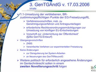 LuettgeL@bfn.de

3. GenTGÄndG v. 17.03.2006
3. GenTGÄndG v. 17.03.2006
Inhalte
Inhalte

1:1-Umsetzung der verbliebenen, BRzustimmungspflichtigen Punkte der EG-FreisetzungsRL
Verfahrensvorschriften, insb. zu
Genehmigungsverfahren und Antragsunterlagen
erforderliche Rechtsverordnungsermächtigungen zur
Umsetzung von künftigen EU-Entscheidungen
Vorschrift zur „Unterrichtung der Öffentlichkeit“
(§28a GenTG-Entwurf)
Übergangsvorschriften
ZKBS
Vereinfachte Verfahren zur experimentellen Freisetzung
Keine Änderungen
zur Deregulierung bei System-Arbeiten
an Neuerungen des GenTRNeuordG

Weitere politisch für erforderlich angesehene Änderungen
im Gentechnikrecht sollen in einem
zweiten Novellierungsschritt folgen
16

 