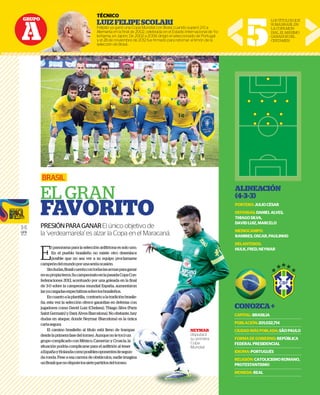 GRUPO
A
14
GFR
MEDIA
E
l panorama para la selección anfitriona es solo uno.
En el pueblo brasileño no existe otro desenlace
posible que no sea ver a su equipo proclamarse
campeóndelmundoporunasextaocasión.
Sindudas,Brasilcuentacontodaslasarmasparaganar
ensupropiatierra.SucampeonatoenlapasadaCopaCon-
federaciones 2013, acentuado por una goleada en la final
de 3-0 sobre la campeona mundial España, aumentaron
lasyacargadasexpectativassobrelosbrasileños.
Encuantoalaplantilla, contrarioalatradiciónbrasile-
ña, esta vez la selección ofrece garantías en defensa con
jugadores como David Luiz (Chelsea), Thiago Silva (Paris
SaintGermain)yDaniAlves(Barcelona).Noobstante,hay
dudas en ataque, donde Neymar (Barcelona) es la única
cartasegura.
El camino brasileño al título está lleno de trampas
desdelaprimerafasedeltorneo.Aunquenoletocóun
grupo complicado con México, Camerún y Croacia, la
situación podría complicarse para el anfitrión al tener
aEspañayHolandacomoposiblesoponentesdesegun-
da ronda. Pese a esa carrera de obstáculos, nadie imagina
unBrasilquenodisputelossietepartidosdeltorneo.
5
BRASIL
EL GRAN
FAVORITO
PRESIÓNPARAGANAREl único objetivo de
la ‘verdeamarela’ es alzar la Copa en el Maracaná.
LOSTÍTULOSQUE
SUMABRASILEN
LACOPAMUN-
DIAL,ELMÁXIMO
GANADORDEL
CERTAMEN.
GRUPO
A
TÉCNICO
LUIZFELIPESCOLARI
Felipão ya ganó una Copa Mundial con Brasil, cuando superó 2-0 a
Alemania en la ﬁnal de 2002, celebrada en el Estadio Internacional de Yo-
kohama, en Japón. De 2002 a 2006 dirigió el seleccionado de Portugal
y el 28 de noviembre de 2012 fue ﬁrmado para retornar al timón de la
selección de Brasil..
ALINEACIÓN
(4-3-3)
PORTERO:JULIOCÉSAR
DEFENSAS:DANIELALVES,
THIAGOSILVA,
DAVIDLUIZ,MARCELO
MEDIOCAMPO:
RAMIRES,OSCAR,PAULINHO
DELANTEROS:
HULK,FRED,NEYMAR
CONOZCA+
CAPITAL:BRASILIA
POBLACIÓN:201,032,714
CIUDADMÁSPOBLADA:SÃOPAULO
FORMADEGOBIERNO:REPÚBLICA
FEDERALPRESIDENCIAL
IDIOMA:PORTUGUÉS
RELIGIÓN:CATOLICISMOROMANO,
PROTESTANTISMO
MONEDA:REAL
NEYMAR
disputará
su primera
Copa
Mundial.
ona es solo uno.
otro desenlace
o proclamarse
n.
masparaganar
sadaCopaCon-
eada en la final
a, aumentaron
leños.
adiciónbrasile-
en defensa con
ago Silva (Paris
oobstante,hay
na) es la única
o de trampas
oletocóun
y Croacia, la
ión al tener
tesdesegun-
nadie imagina
eltorneo.
nico objetivo de
Copa en el Maracaná.
NEYMAR
disputará
su primera
Copa
Mundial.
TÉCN
LUIZ
Felipão
Aleman
kohama
y el 28 d
selecció
 