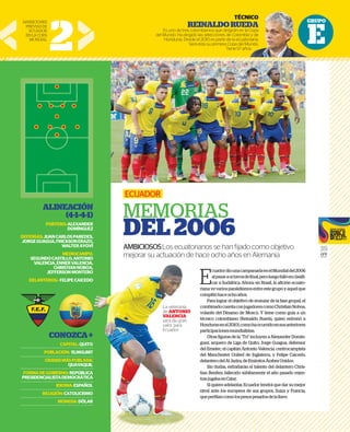 GRUPO
E
35
GFR
MEDIA
GRU
E
cuadordiounacampanadaenelMundialdel2006
alpasaraoctavosdefinal,peroluegofallóenclasifi-
car a Sudáfrica. Ahora, en Brasil, la afición ecuato-
rianavevariosparalelismosentreestegrupoyaquelque
compitióhaceochoaños.
Para lograr el objetivo de avanzar de la fase grupal, el
combinadocuentaconjugadorescomoChristianNoboa,
volante del Dínamo de Moscú. Y tiene como guía a un
técnico colombiano (Reinaldo Rueda, quien entrenó a
Hondurasenel2010),comohaocurridoensusanteriores
participacionesmundialistas.
Otras figuras de la “Tri” incluyen a Alexander Domín-
guez, arquero de Liga de Quito; Jorge Guagua, defensor
del Emelec; el capitán Antonio Valencia, centrocampista
del Manchester United de Inglaterra, y Felipe Caicedo,
delanterodelAlJazira,deEmiratosÁrabesUnidos.
Sin dudas, extrañarán el talento del delantero Chris-
tian Benítez, fallecido súbitamente el año pasado mien-
trasjugabaenCatar.
Si quiere adelantar, Ecuador tendrá que dar su mejor
nivel ante los europeos de sus grupos, Suiza y Francia,
queperfilancomolospesospesadosdelallave.
ECUADOR
MEMORIAS
DEL2006
AMBICIOSOSLos ecuatorianos se han ﬁjado como objetivo
mejorar su actuación de hace ocho años en Alemania
2
TÉCNICO
REINALDORUEDA
Es uno de tres colombianos que dirigirán en la Copa
del Mundo. Ha dirigido las selecciones de Colombia y de
Honduras. Desde el 2010 es parte de la ecuatoriana.
Será ésta su primera Copa del Mundo.
Tiene 57 años.
APARICIONES
PREVIASDE
ECUADOR
ENLACOPA
MUNDIAL
ALINEACIÓN
(4-1-4-1)
PORTERO:ALEXANDER
DOMÍNGUEZ
DEFENSAS:JUANCARLOSPAREDES,
JORGEGUAGUA,FRICKSONERAZO,
WALTERAYOVÍ
MEDIOCAMPO:
SEGUNDOCASTILLO,ANTONIO
VALENCIA,ENNERVALENCIA,
CHRISTIANNOBOA,
JEFFERSONMONTERO
DELANTEROS:-FELIPECAICEDO
CONOZCA+
CAPITAL:QUITO
POBLACIÓN: 15,960,887
CIUDADMÁSPOBLADA:
QUAYAQUIL
FORMADEGOBIERNO:REPÚBLICA
PRESIDENCIALISTADEMOCRÁTICA
IDIOMA:ESPAÑOL
RELIGIÓN:CATOLICISMO
MONEDA:DÓLAR
A,
A,
O
O
+
O
87
A:
L
A
A
L
O
R
La veteranía
de ANTONIO
VALENCIA
será de gran
valor para
Ecuador.
 