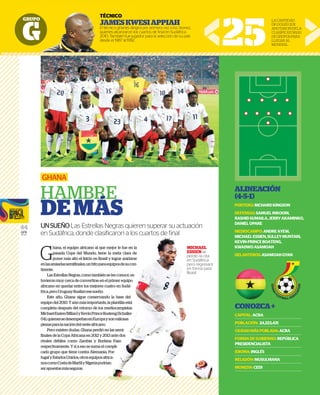 GRUPO
G
44
GFR
MEDIA
TÉCNICO
JAMESKWESIAPPIAH
El técnico ghanés dirigirá por primera vez a los ‘leones’,
quienes alcanzaron los cuartos de ﬁnal en Sudáfrica
2010. También fue jugador para la selección de su país
desde el 1987 al 1992.
25
LACANTIDAD
DEGOLESQUE
ANOTARONENLA
CLASIFICATORIAS
DEGRUPOSPARA
LLEGARAL
MUNDIAL.
G
hana, el equipo africano al que mejor le fue en la
pasada Copa del Mundo, tiene la meta clara de
poner más alto el listón en Brasil y lograr anidarse
enlasansiadassemifinales,unhitoparaequiposdesucon-
tinente.
Las Estrellas Negras, como también se les conoce, es-
tuvieron muy cerca de convertirse en el primer equipo
africano en quedar entre los mejores cuatro en Sudá-
frica,peroUruguayfinalizóesesueño.
Este año, Ghana sigue conservando la base del
equipodel2010.Yaúnmásimportante,laplantillaestá
completa después del retorno de los mediocampistas
MichaelEssien(Milan)yKevinPrinceBoateng(Schalke
04),quienessedesempeñanenEuropaysonvaliosas
piezasparalanacióndeloesteafricano.
Pero existen dudas. Ghana perdió en las semi-
finales de la Copa Africana en 2012 y 2013 ante dos
rivales débiles como Zambia y Burkina Faso
respectivamente. Y si a eso se suma el compli-
cado grupo que tiene contra Alemania, Por-
tugalyEstadosUnidos,otrosequiposafrica-
noscomoCostadeMarfilyNigeriapodrían
serapuestasmásseguras.
GHANA
HAMBRE
DEMÁS
UNSUEÑO Las Estrellas Negras quieren superar su actuación
en Sudáfrica, donde clasiﬁcaron a los cuartos de ﬁnal
ALINEACIÓN
(4-5-1)
PORTERO:RICHARDKINGSON
DEFENSAS:SAMUELINKOOM,
RASHIDSUMAILA,JERRYAKAMINKO,
DANIELOPARE
MEDIOCAMPO:ANDREAYEW,
MICHAELESSIEN,SULLEYMUNTARI,
KEVIN-PRINCEBOATENG,
KWADWOASAMOAH
DELANTEROS:ASAMOAHGYAN
CONOZCA+
CAPITAL:ACRA
POBLACIÓN: 24,223,431
CIUDADMÁSPOBLADA:ACRA
FORMADEGOBIERNO:REPÚBLICA
PRESIDENCIALISTA
IDIOMA:INGLÉS
RELIGIÓN:MUSULMANA
MONEDA:CEDI
GRUPO
TÉCNICO
JAMESKW
El técnico ghanés dirig
quienes alcanzaron los
2010. También fue juga
desde el 1987 al 1992.
mejor le fue en la
la meta clara de
y lograr anidarse
equiposdesucon-
se les conoce, es-
primer equipo
uatro en Sudá-
o la base del
laplantillaestá
ediocampistas
ateng(Schalke
sonvaliosas
n las semi-
13 ante dos
na Faso
ompli-
Por-
ica-
an
g q p
ﬁcaron a los cuartos de ﬁnal
MICHAEL
ESSIENse
perdió la cita
en Sudáfrica
pero regresará
en forma para
Brasil.
 