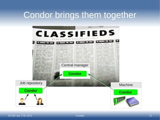 Condor brings them together




                         Central manager

                            Condor

        Job repository
                                           Machine
            Condor                         Condor




UCSD Jan 17th 2012              Condor               11
 